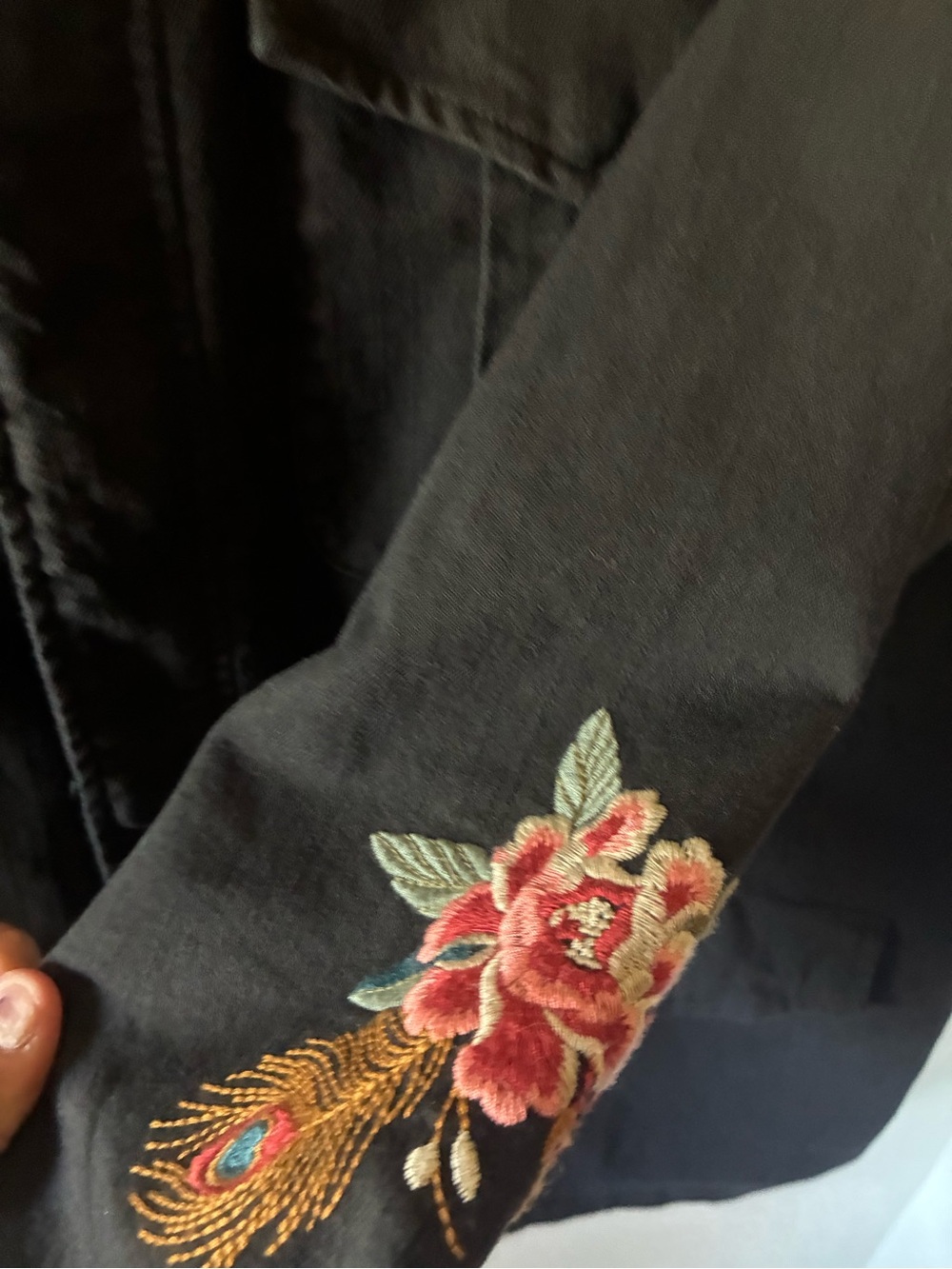 NWT JOHNNY WAS Black Denim Jacket Embroidered Floral Peacock XL - Picture 5 of 7